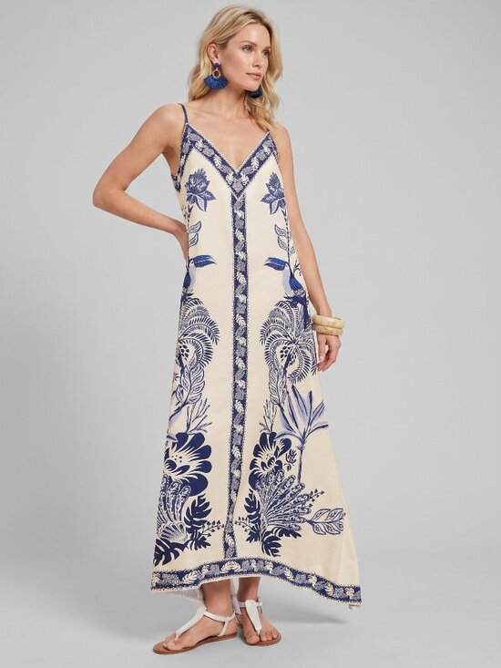 Dresses & Skirts - Women's Cream Blue Tropical Floral Maxi Dress Sleeveless Boho Beach Vacation